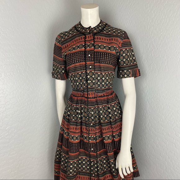 Vintage Jeanne Orange & Brown Floral & Stripe Print Fit & Flare Dress - Picture 2 of 6